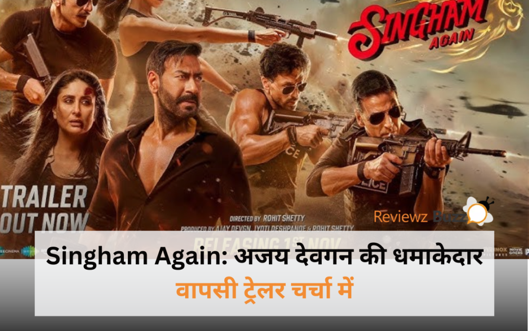 Singham Again movie poster featuring Ajay Devgn, explosive action scenes, Bollywood blockbuster, intense cop drama, thrilling comeback of the iconic character.