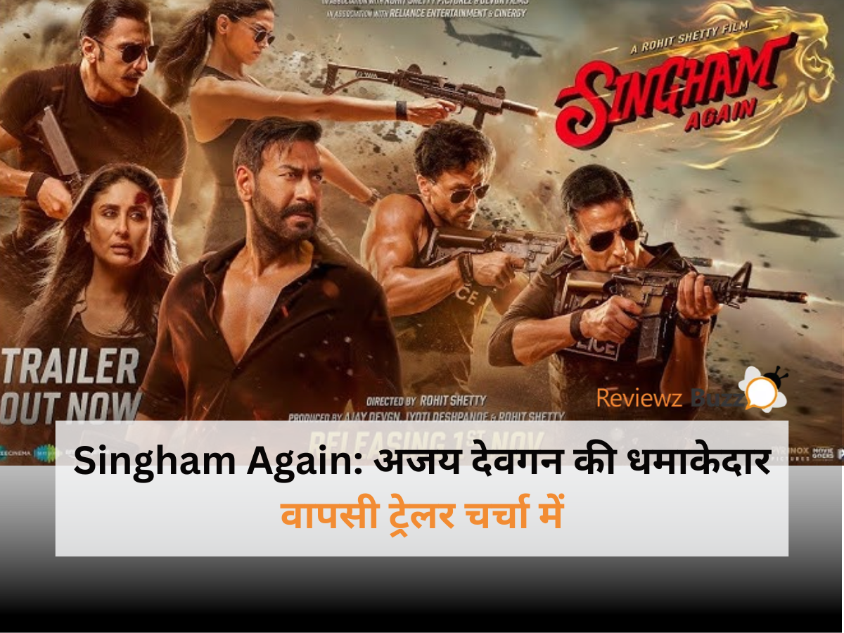 Singham Again movie poster featuring Ajay Devgn, explosive action scenes, Bollywood blockbuster, intense cop drama, thrilling comeback of the iconic character.